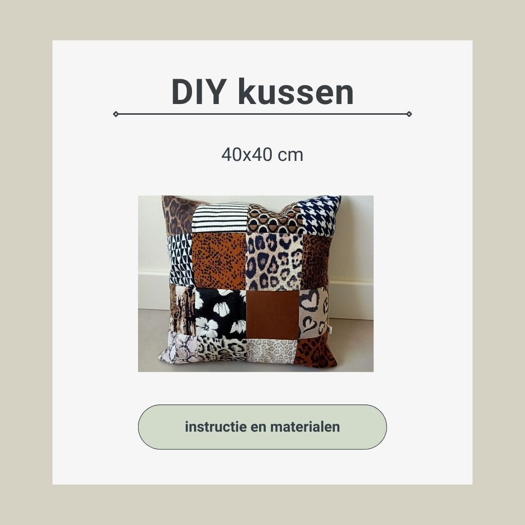 DIY kussen poster met patchwork sierkussen, 40x40 cm, en knop “instructie en materialen”