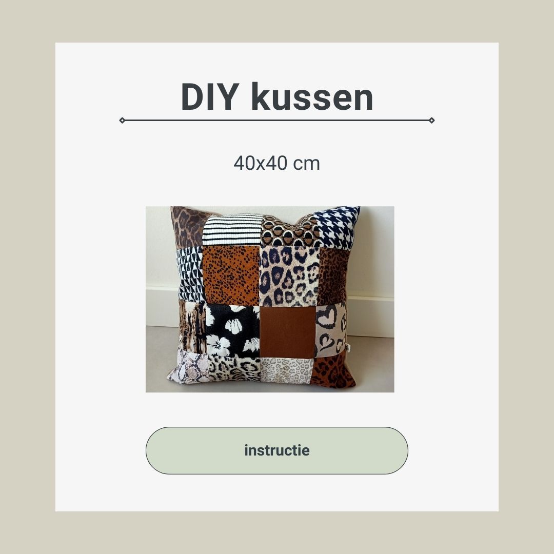 DIY-kussenpatroon in bruin, zwart en wit patchwork, formaat 40x40 cm, met een instructieknop.
