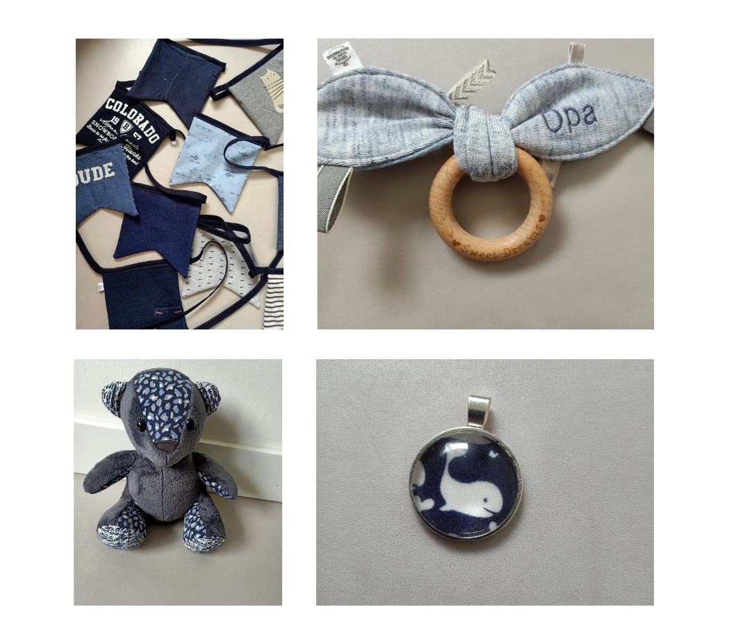 Een collage van vier foto's toont een knuffeldier, een bijtring en een hanger