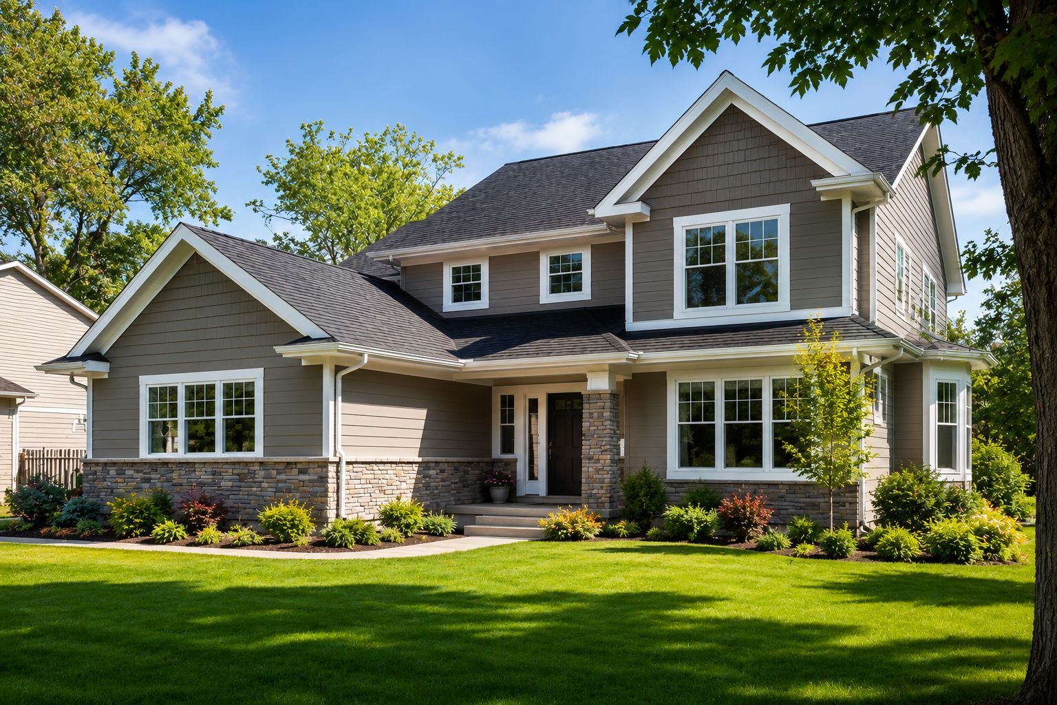 Modern two-story suburban house with gray siding, stone accents, and a well-kept green lawn under blue sky