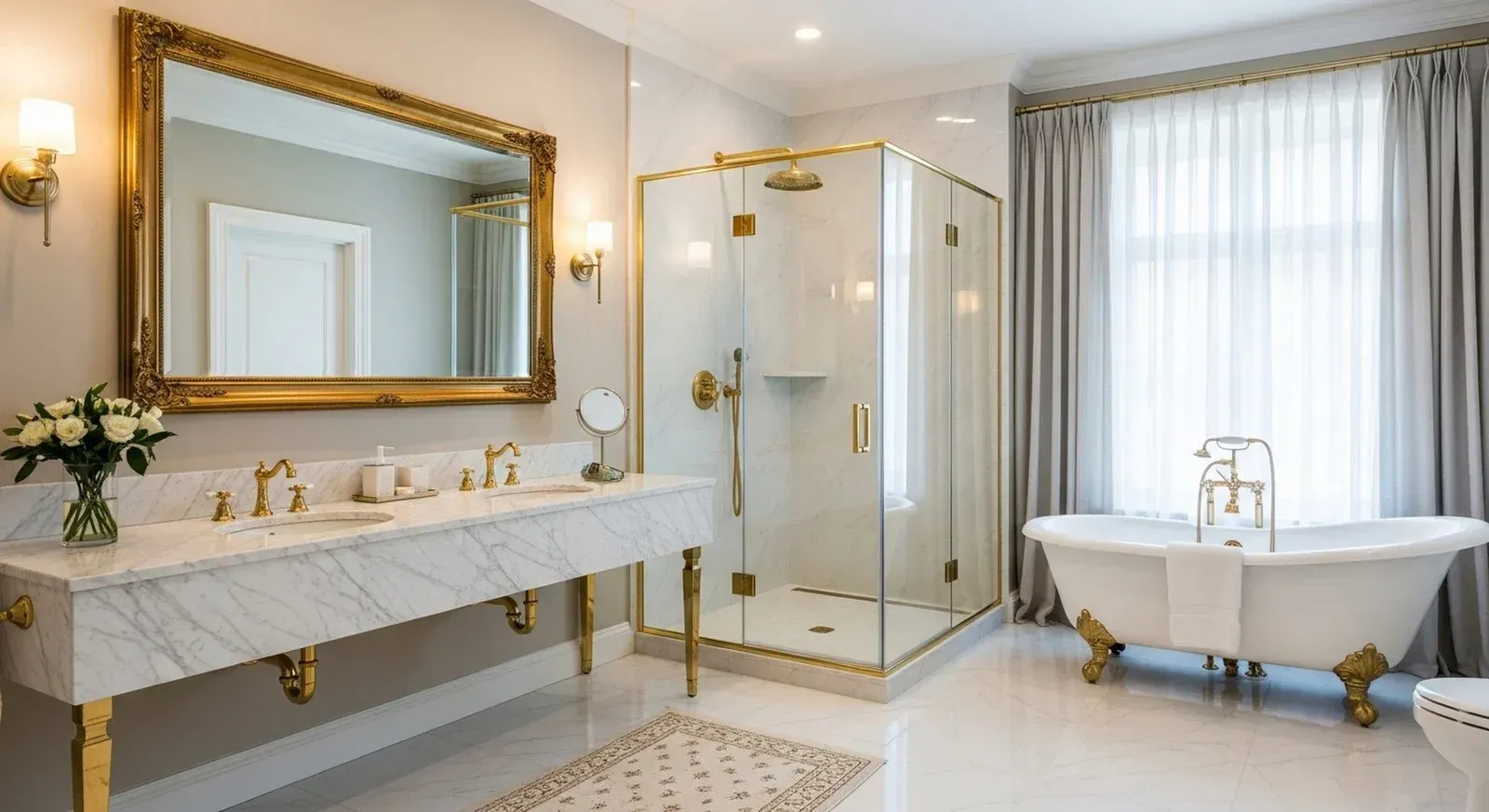 Luxurious bathroom with marble surfaces, gold accents, glass shower, and freestanding tub.