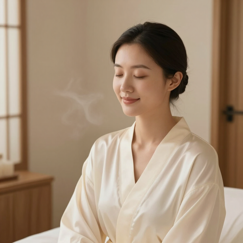 身穿白色浴袍的人靜靜地閉著眼睛，在溫暖的溫泉房間裡享受蒸氣。