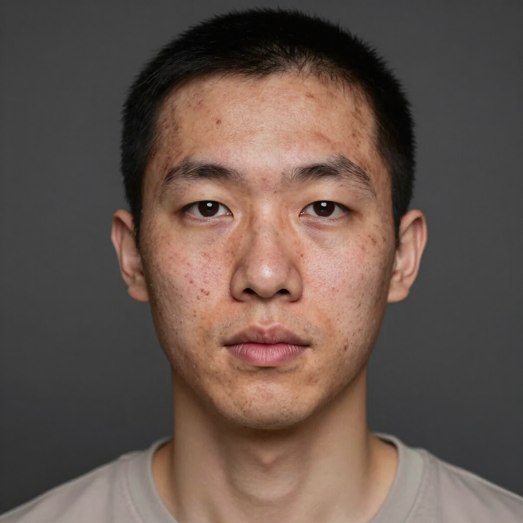 一位短黑髮男子的肖像，背景為灰色。