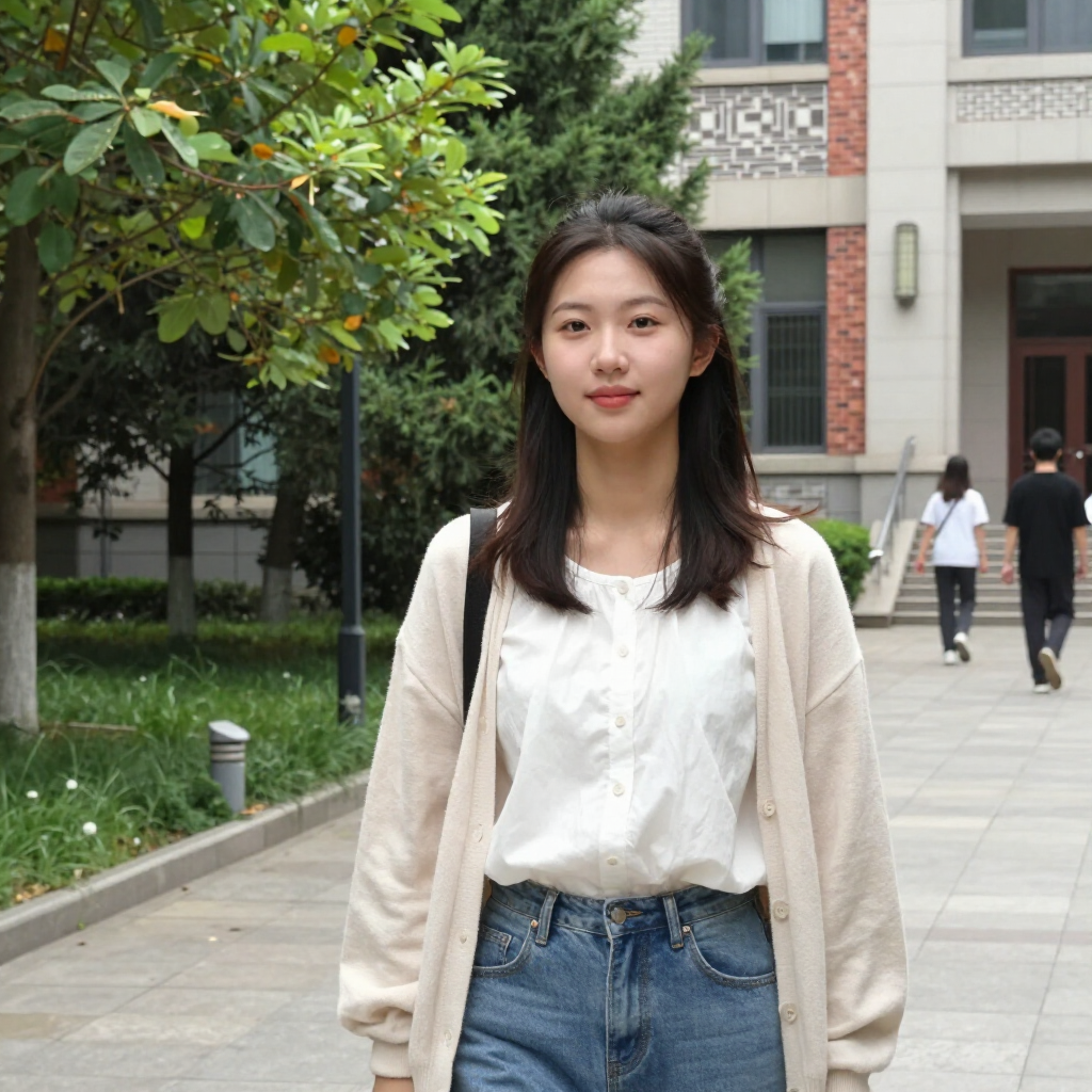 一位女士站在校園步道上，背景是樹木和建築物。