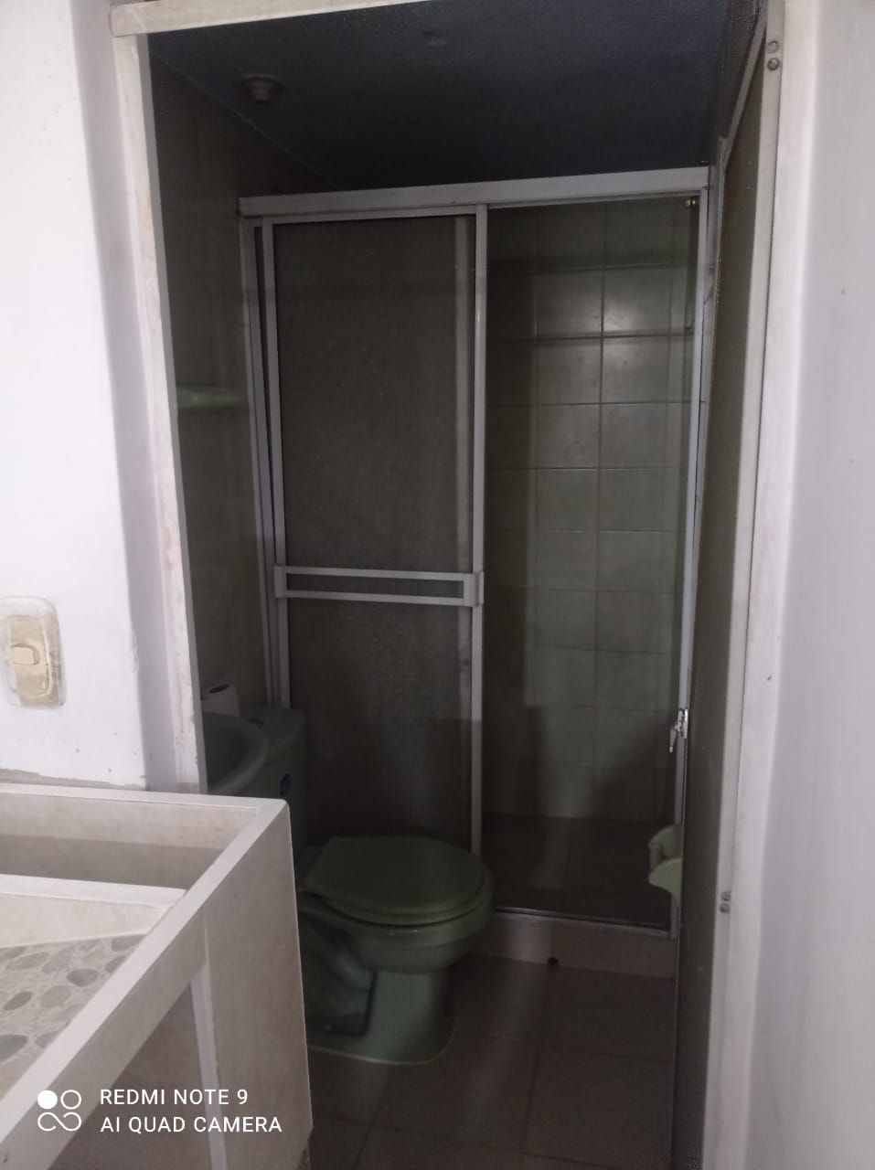Un baño con inodoro, lavabo y ducha.