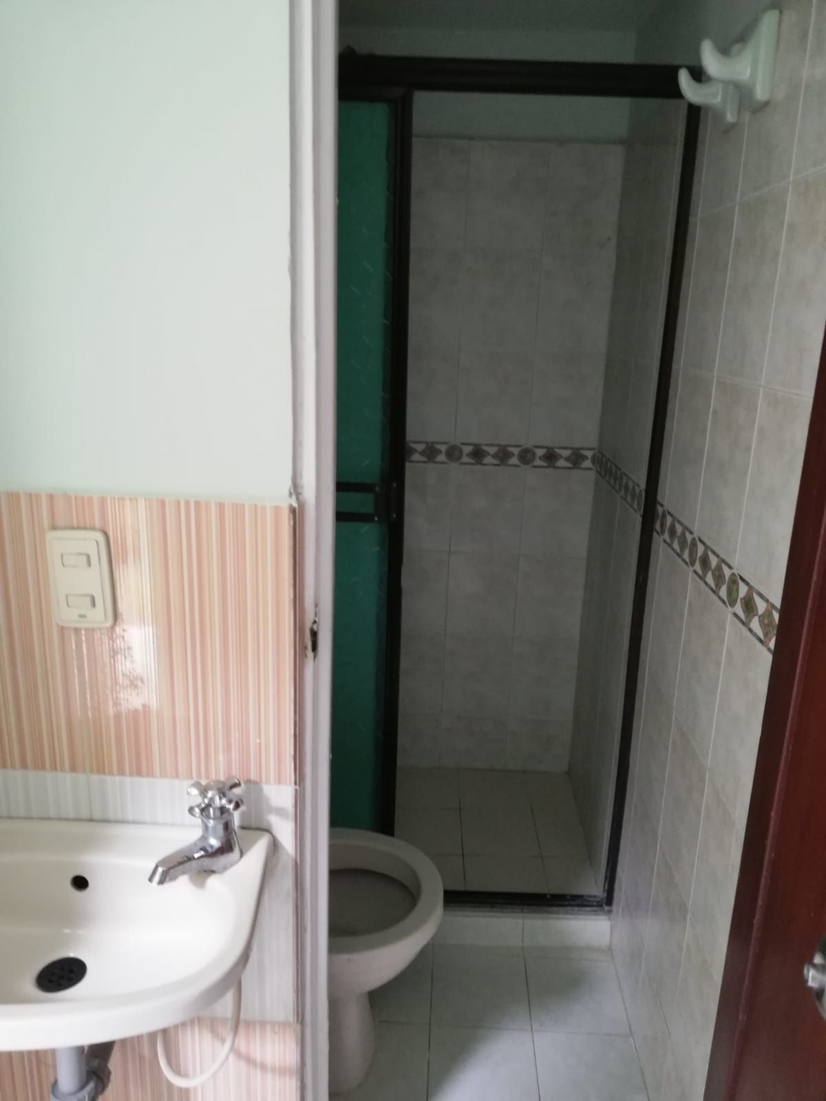 Un baño con lavabo, inodoro y ducha.