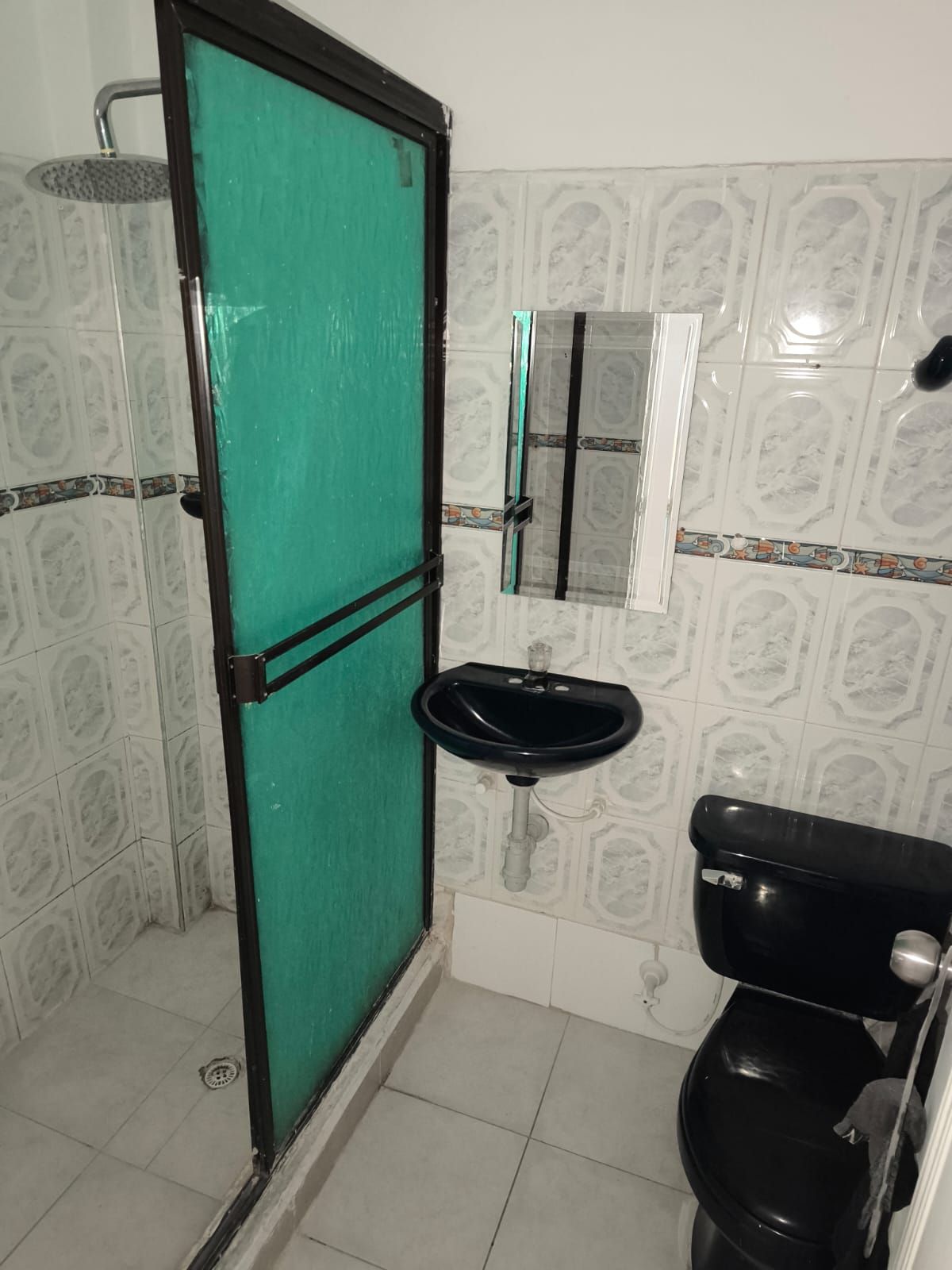 Un baño con inodoro, lavabo, ducha y espejo.