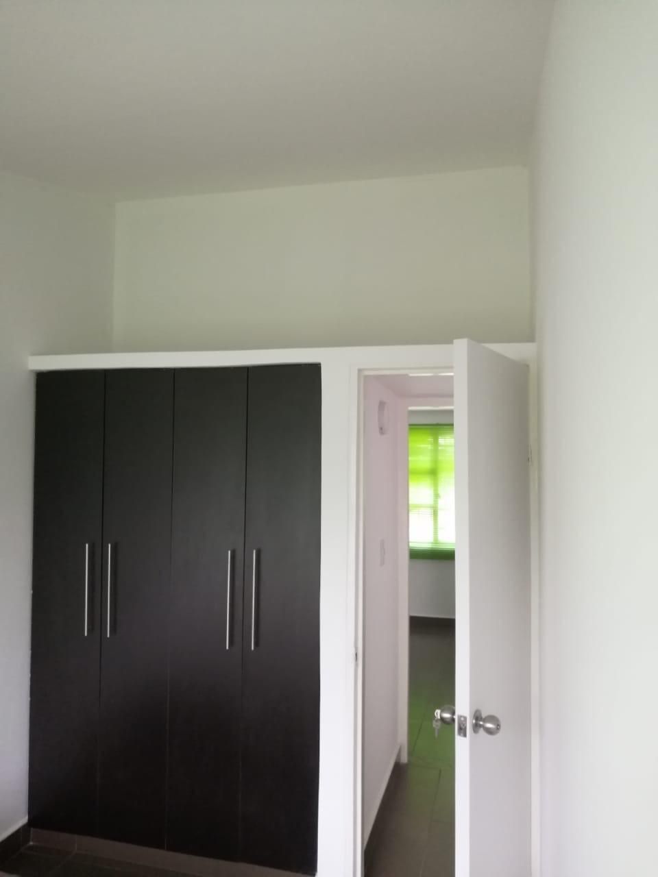 Un dormitorio con armarios negros y una puerta blanca.