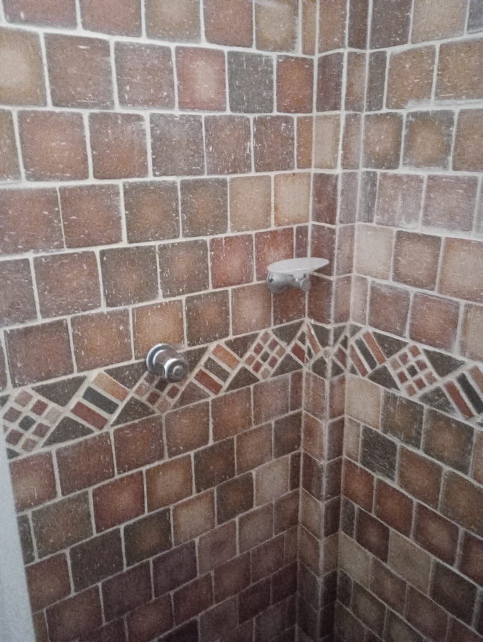 Una ducha con una jabonera en la pared