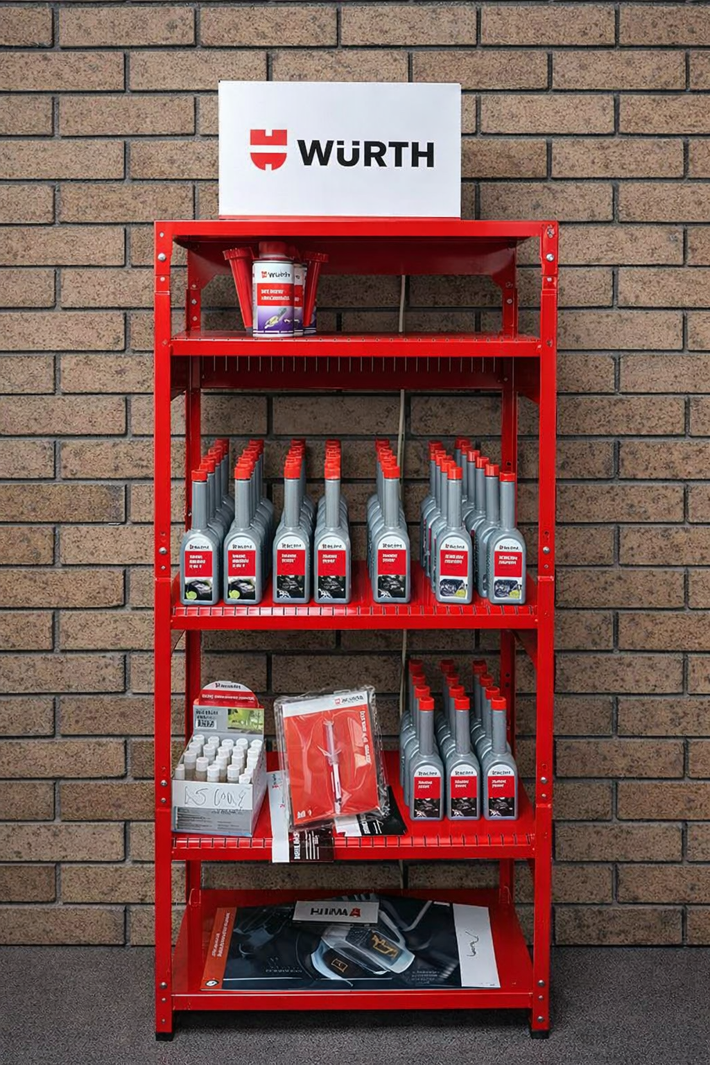 A Red Shelf Filled With Bottles Of Wurth Products — Nuron Inspection & Service Centre In Broadmeadow, NSW