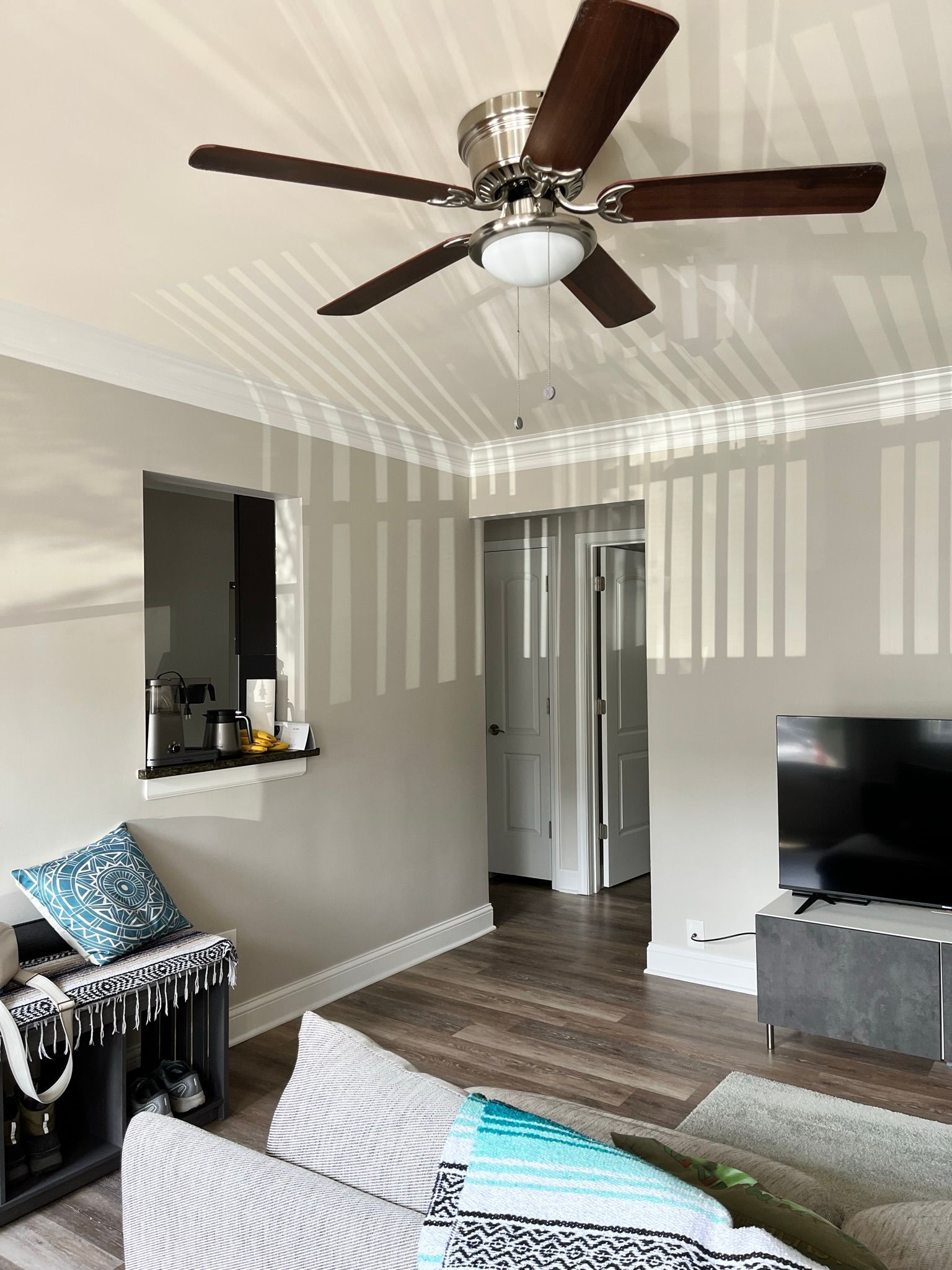 a living room with a ceiling fan and a flat screen tv .