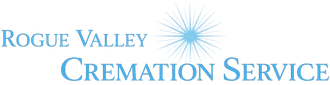 Logo for Rogue Valley Cremation Service: text and starburst in light blue.