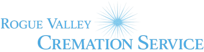 Logo for Rogue Valley Cremation Service: text and starburst in light blue.