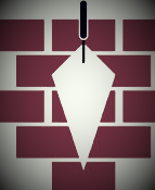 Brick wall with a trowel suspended in front of it.