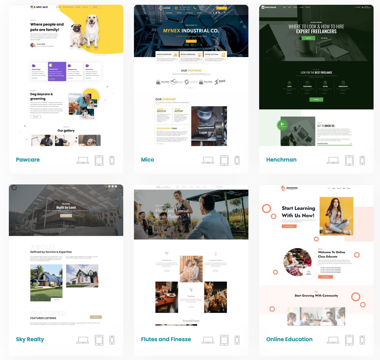 Various website homepage layouts: pets, tech, consulting, real estate, childcare, and online education.