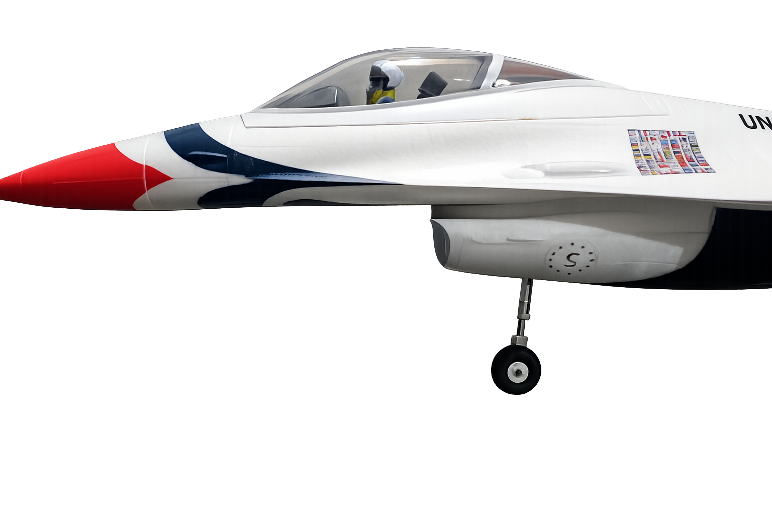 U.S. Air Force Thunderbirds jet, white with red and blue accents, nose wheel down.