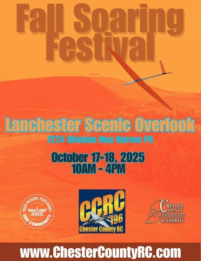 Poster for Fall Soaring Festival at Lanchester Scenic Overlook, October 17-18, 2025, 10 AM - 4 PM. Features a glider graphic.