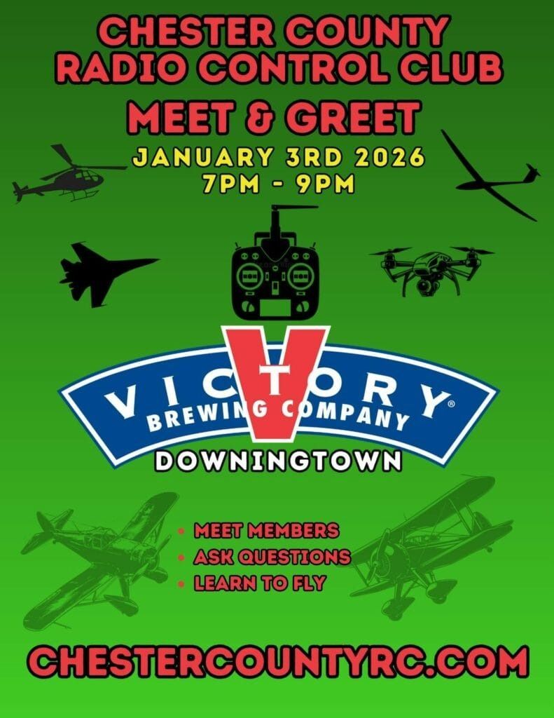 Poster for Chester County Radio Control Club Meet & Greet at Victory Brewing Company in Downingtown on January 3, 2026.