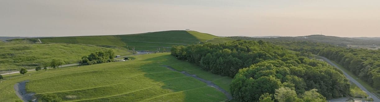 Panoramic view of a green landscape with a large hill, trees, and a road under a pale sky.
