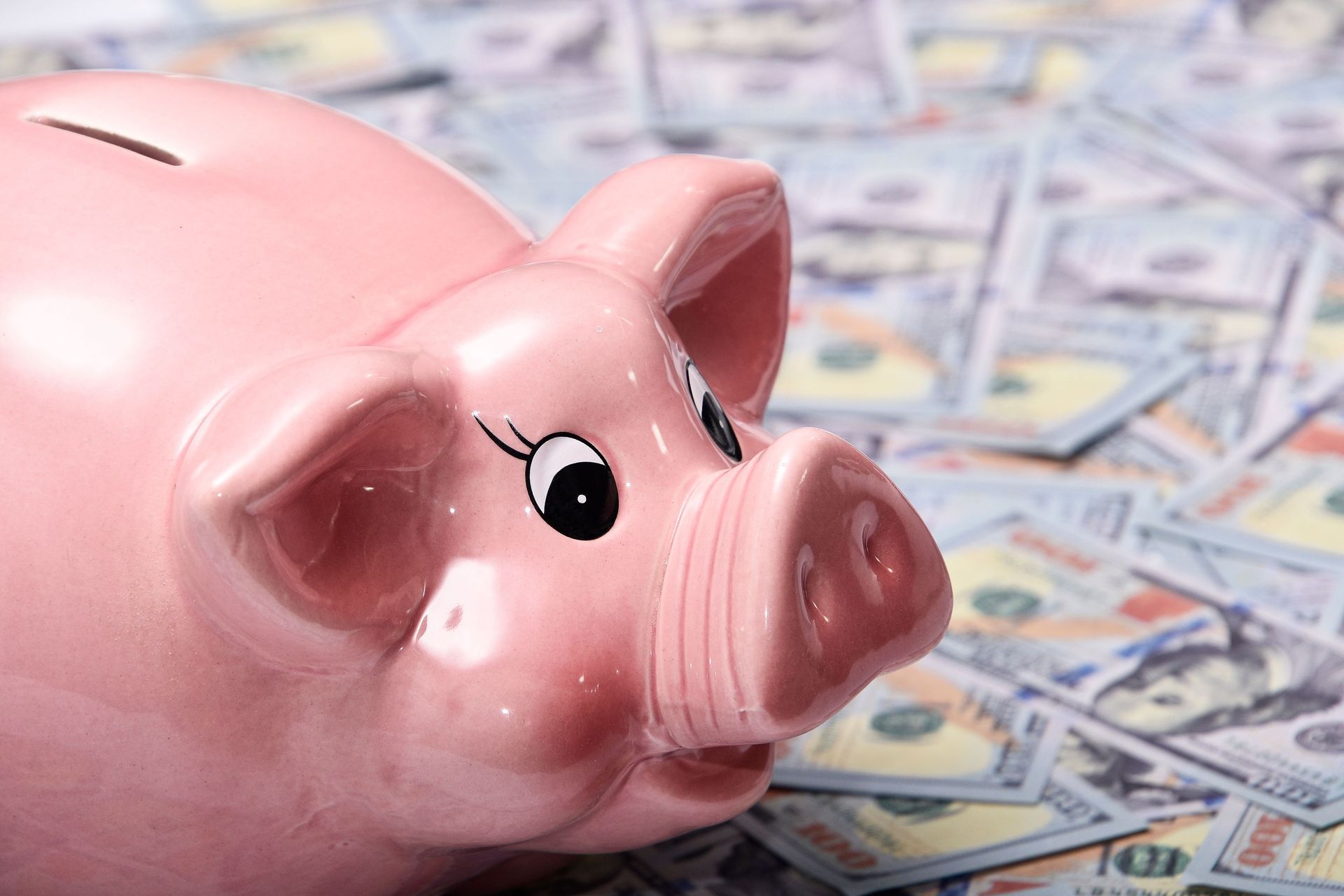 Pink piggy bank on scattered U.S. dollar bills