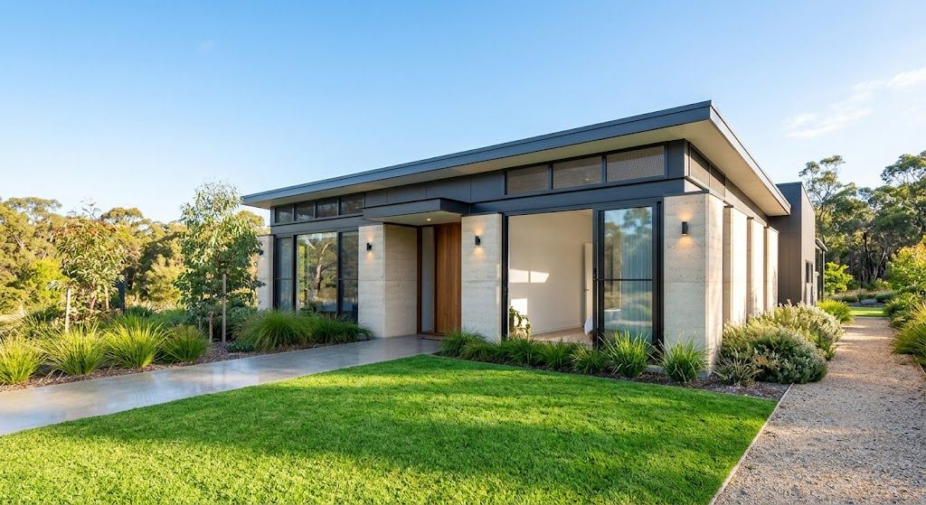 Modern single-story house with large windows, a green lawn, and a gravel path in a sunny landscape
