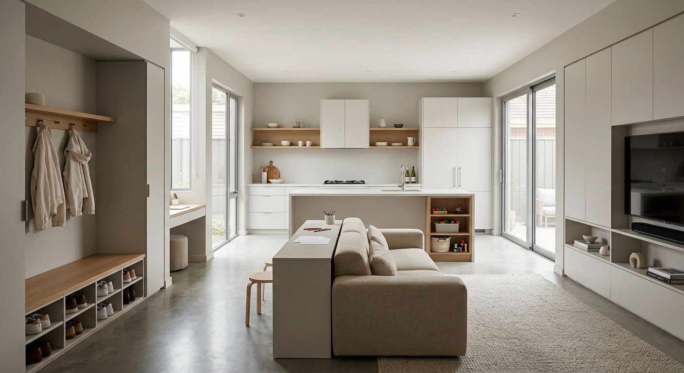 Bright minimalist living room with beige sofa, kitchen island, and large windows