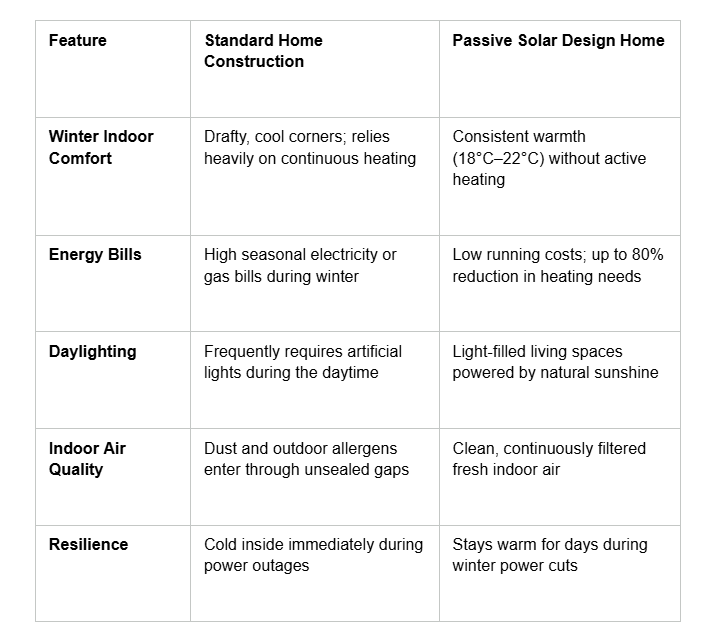 Comparison table of standard home construction and passive solar design home features and benefits