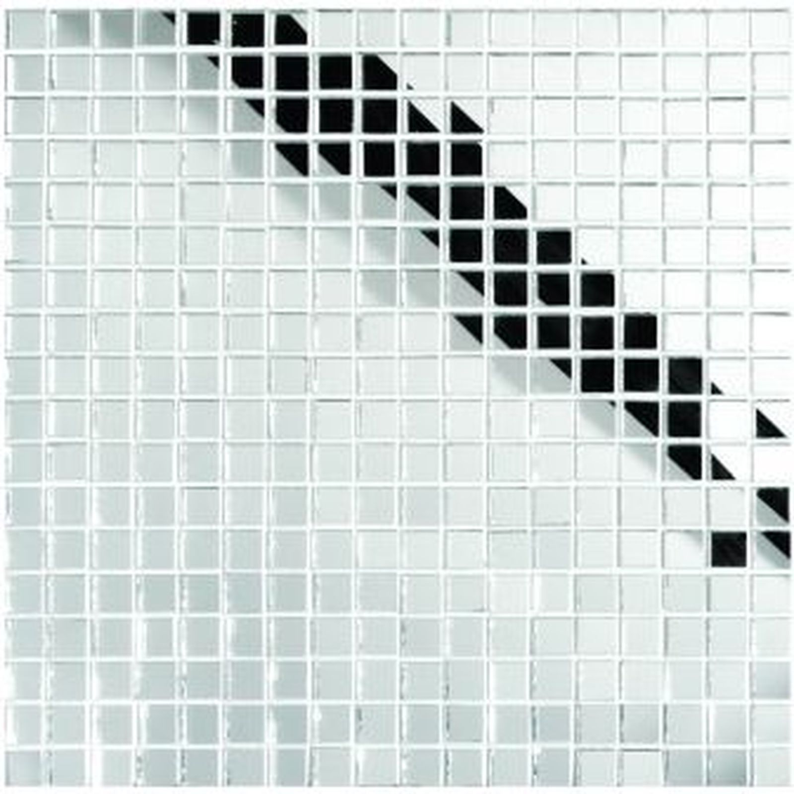 Square mirrored tile mosaic with a black diagonal stripe.