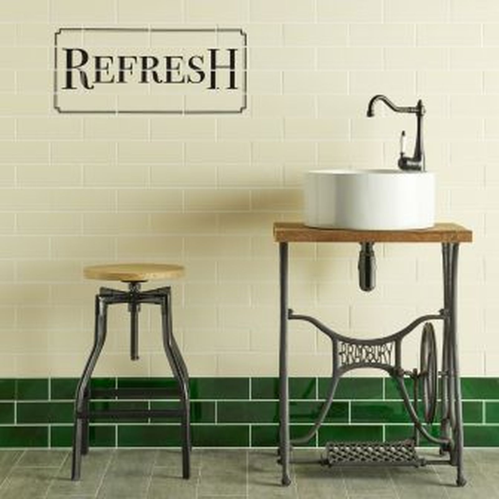 Bathroom with sink on industrial sewing machine base, stool, and