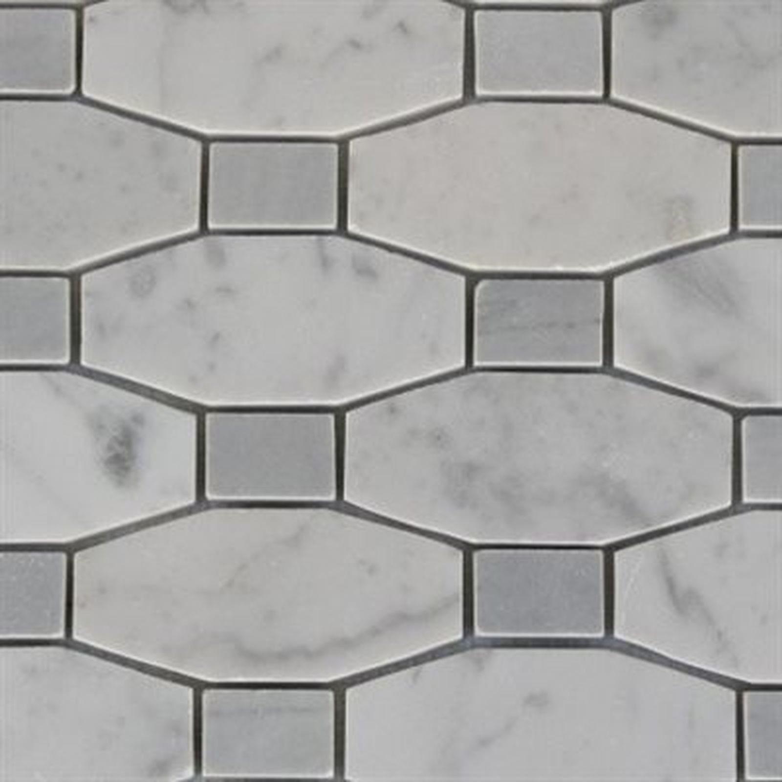 White and gray marble tile pattern with hexagon and square shapes.