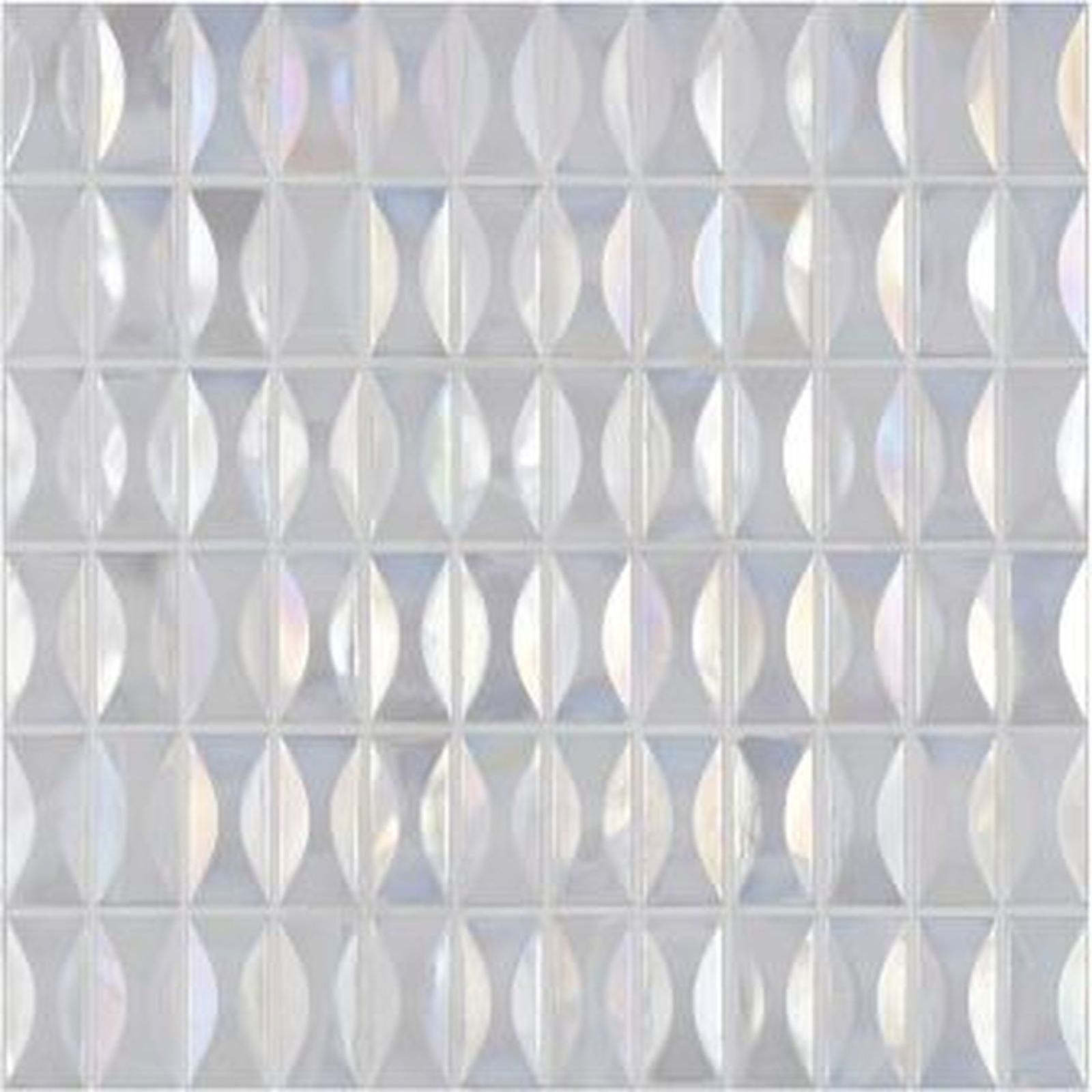 White iridescent mosaic tile with a repeating oval design.