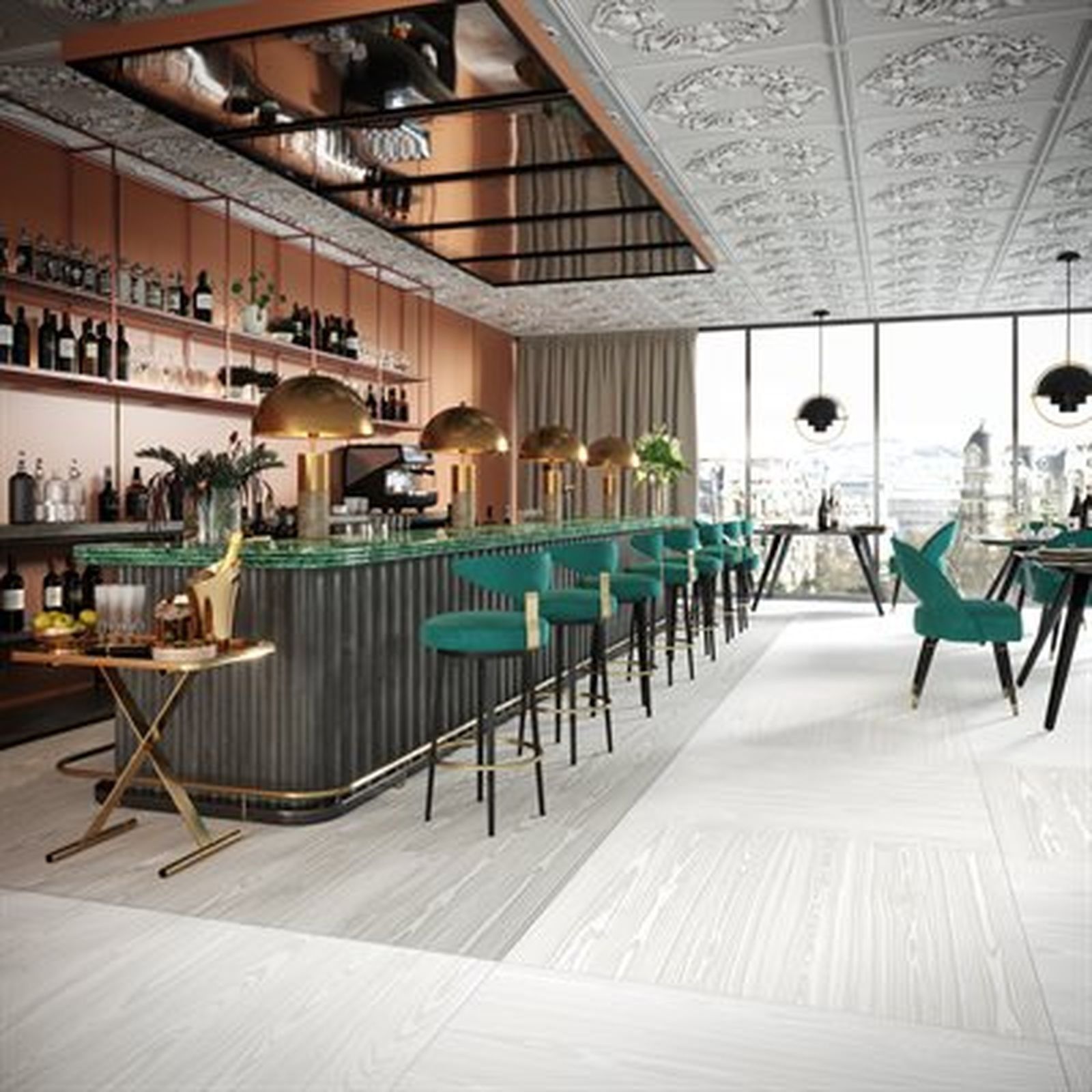Stylish bar interior with teal stools, copper accents, and large windows.