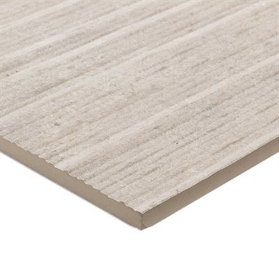 Beige ceramic tile with textured, linear pattern.