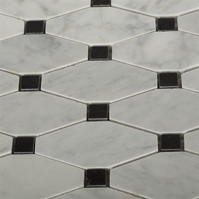 White marble tile pattern with black square accents in a diamond grid.
