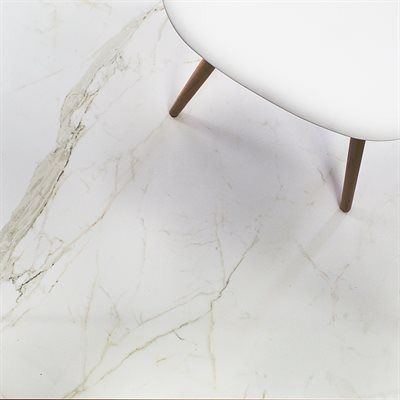 White marble floor with gold veining, a white chair leg is at the top right.