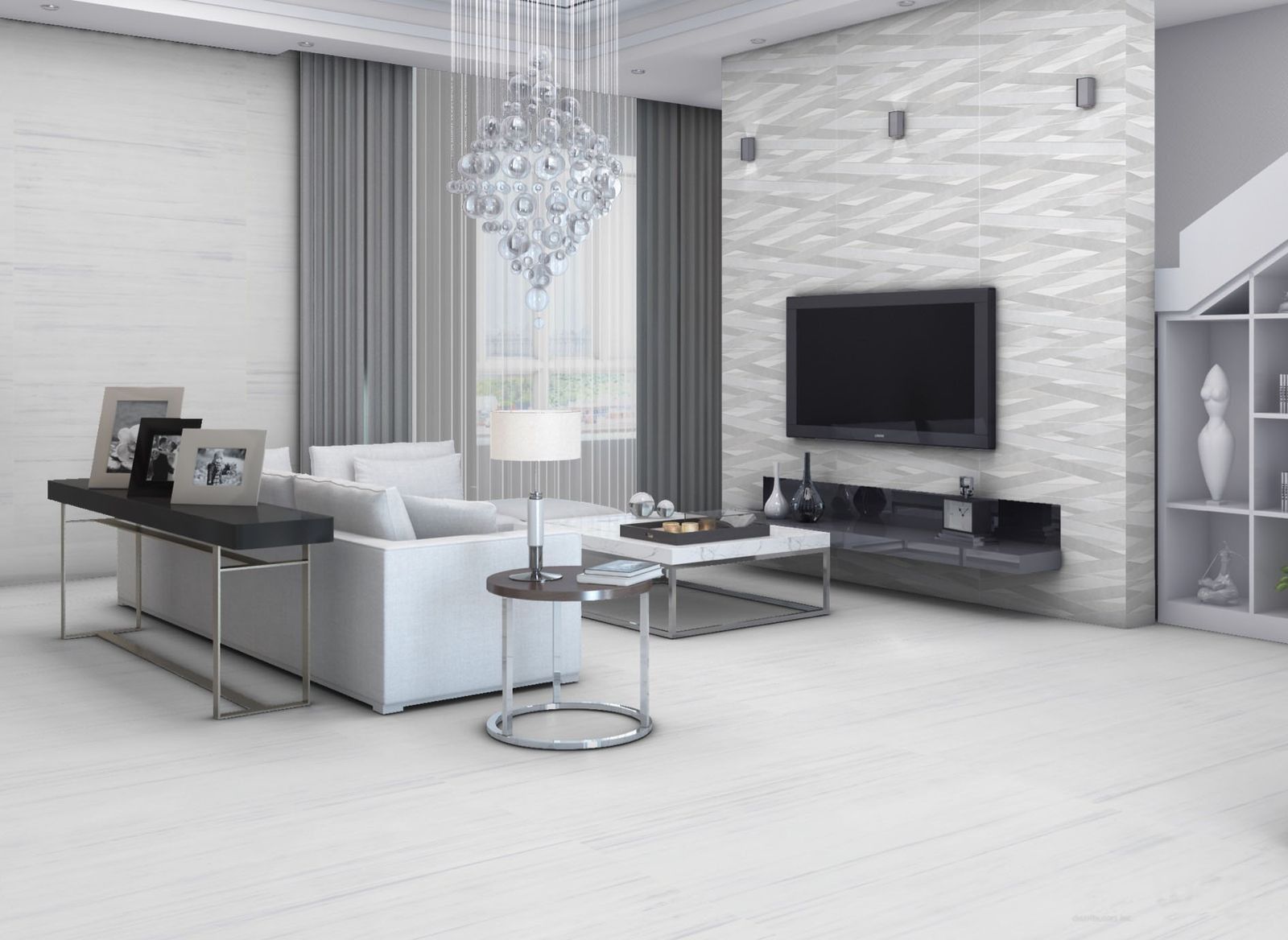 Modern living room with white decor, a chandelier, and a TV.