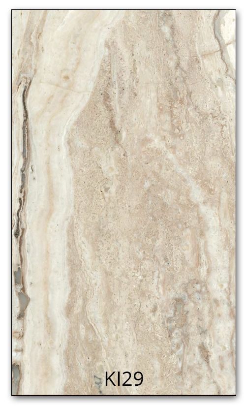 Beige and tan marble tile with vertical veining and the code "KI29" at the bottom.