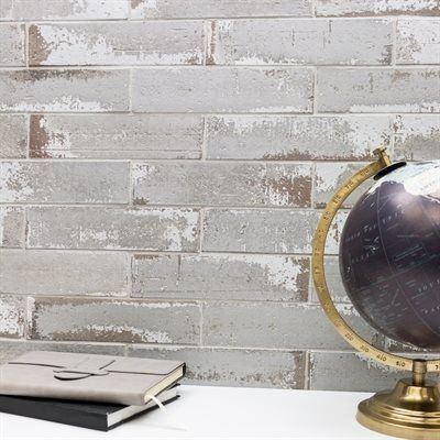 Brick wall with weathered white paint, books, and a globe.