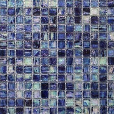 Mosaic tile of various shades of blue and white squares.
