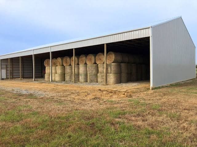 Round hay bales stacked inside an open metal farm shed on a grassy field.