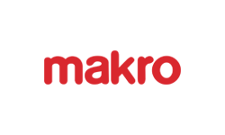 El logo de Makro es rojo sobre un fondo blanco.