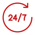 Un círculo rojo con el número 24 horas al día, 7 días a la semana dentro.