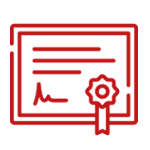 Un icono de línea roja de un certificado con una cinta.