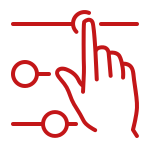 Un dibujo de línea roja de una mano apuntando a algo.