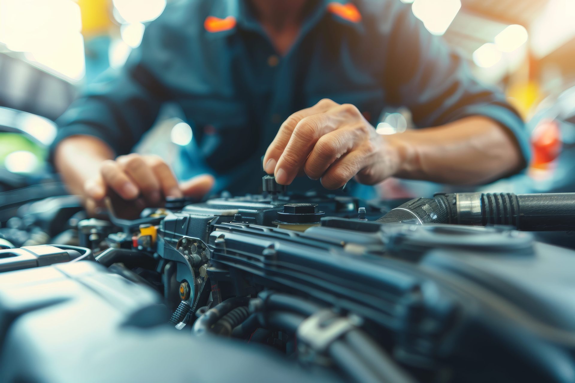 A mechanic in a blue shirt works on the engine of a car inside a brightly lit garage.
