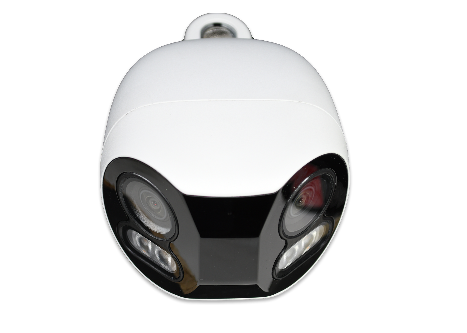 White security camera with black front lens and side lights, mounted against a plain background