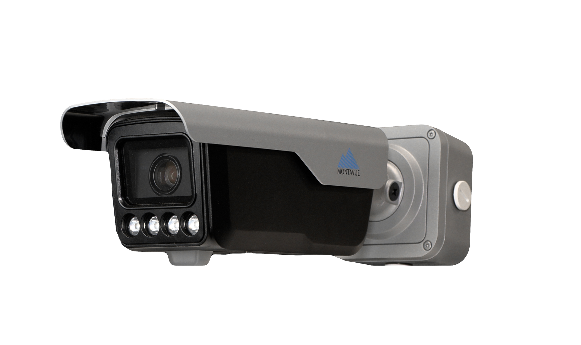 Gray security camera with black lens housing and infrared LEDs, mounted in a weatherproof exterior case