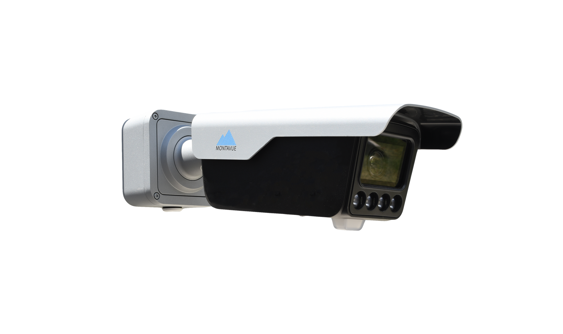 Wall-mounted CCTV security camera with white and black housing on a plain background