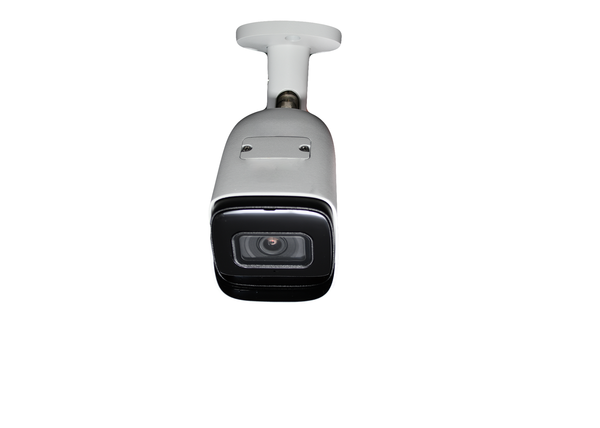 Compact white security camera with a black lens housing on a stand