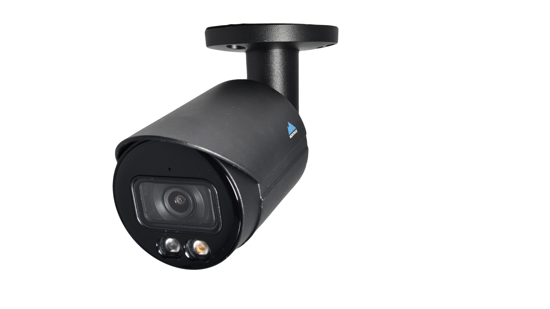 Black outdoor security camera mounted on a ceiling bracket, angled downward.